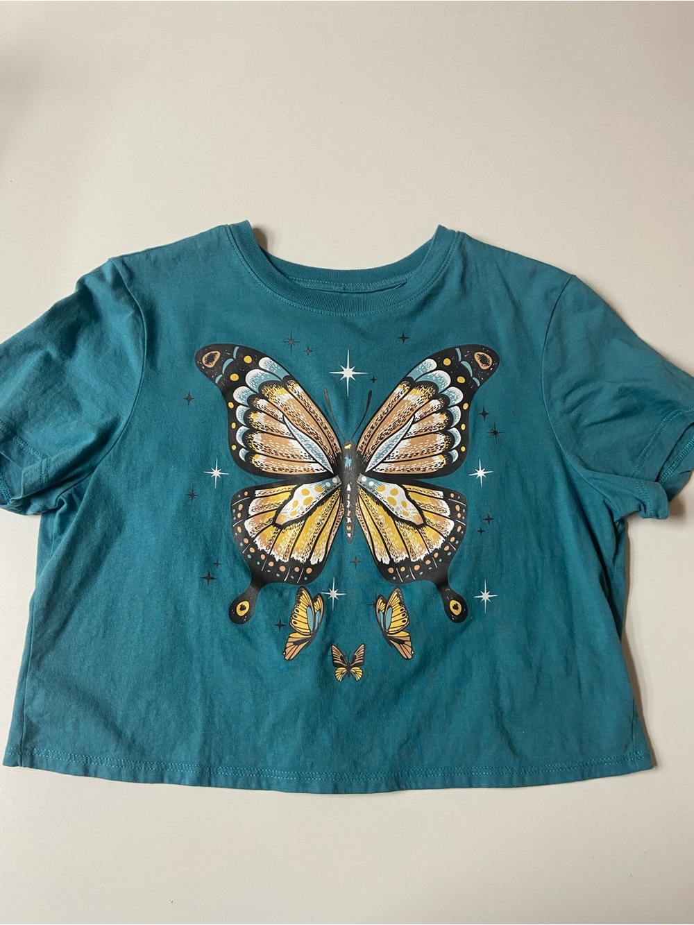 Blue T-Shirt Butterfly w/ Cut-out Slit + Knot in Back like new teens/YA size S